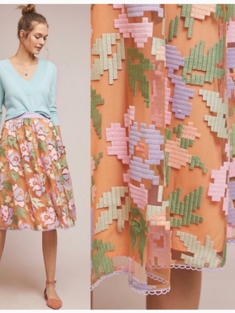 Anthropologie Maeve Pixilated Tulle Peach A-Line Midi Skirt with Floral Mosaic